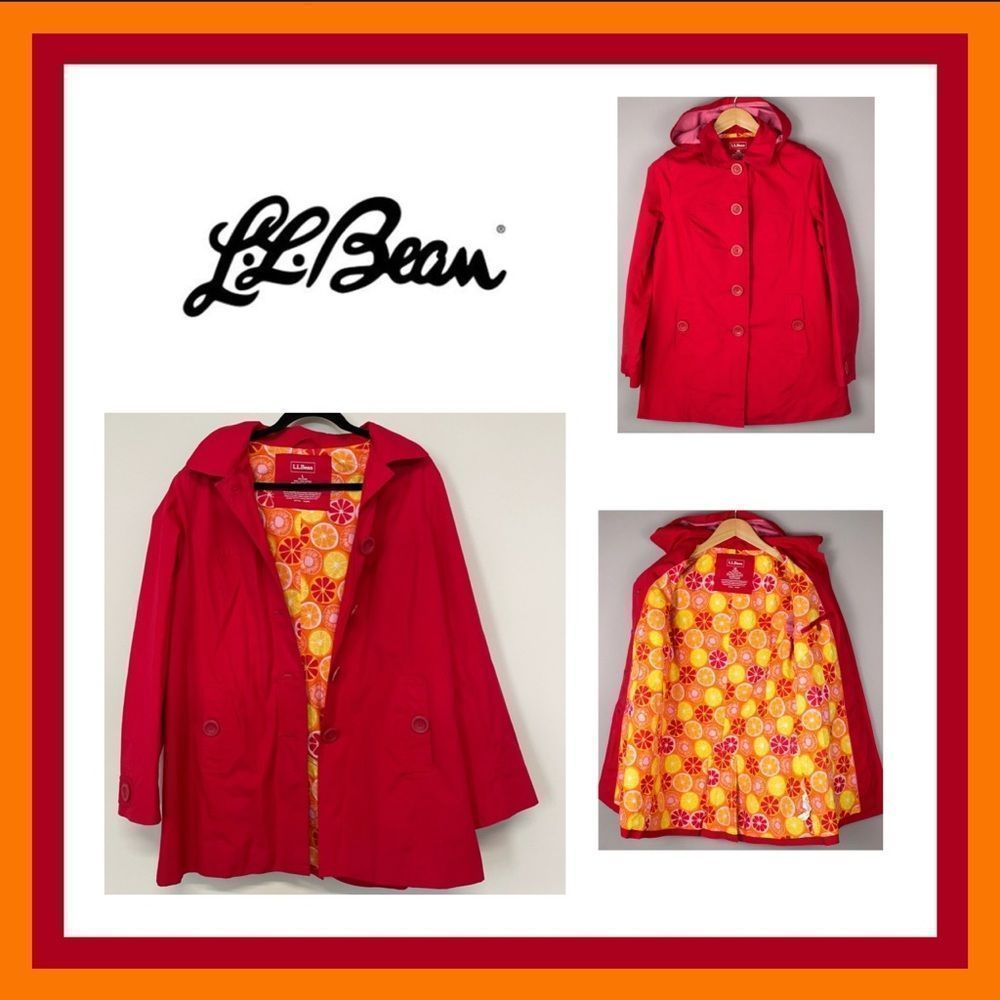 L.L Bean Red Trench Coat with Hood Fully Lined in Citrus 🍊 Pattern Size S